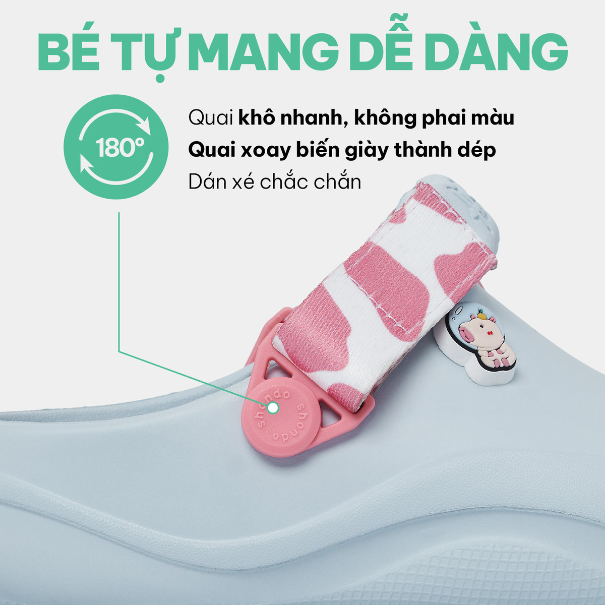 Clog Little Suke bé gái nhựa đúc xanh trời đai bò sữa hồng