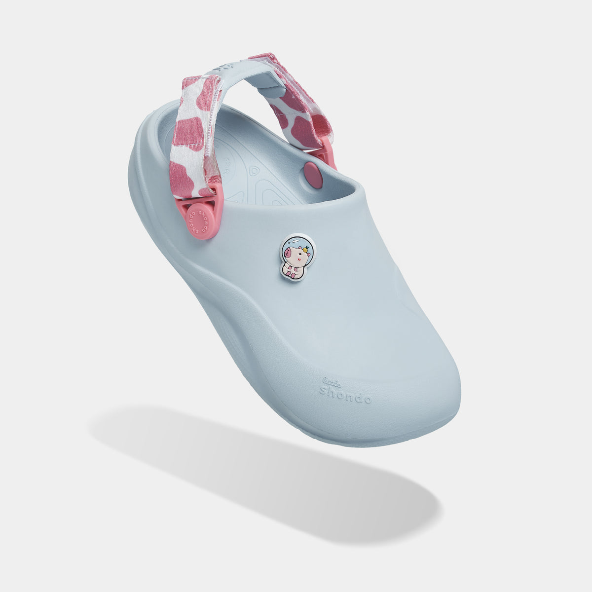 Clog Little Suke bé gái nhựa đúc xanh trời đai bò sữa hồng