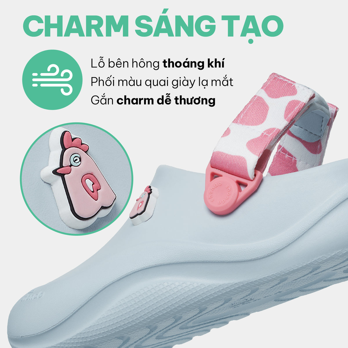 Clog Little Suke bé gái nhựa đúc xanh trời đai bò sữa hồng