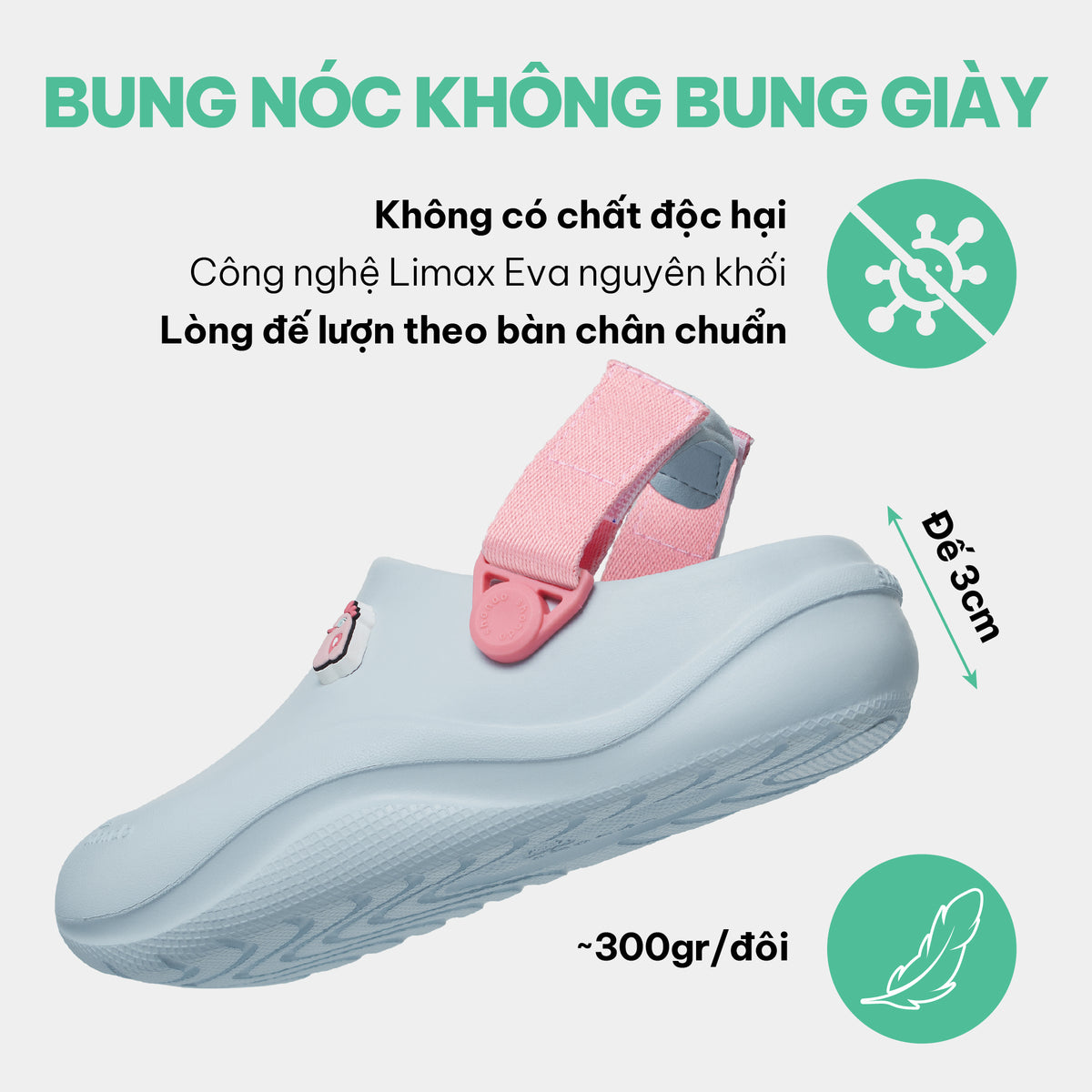 Clog Little Suke bé gái nhựa đúc xanh trời đai hồng dâu