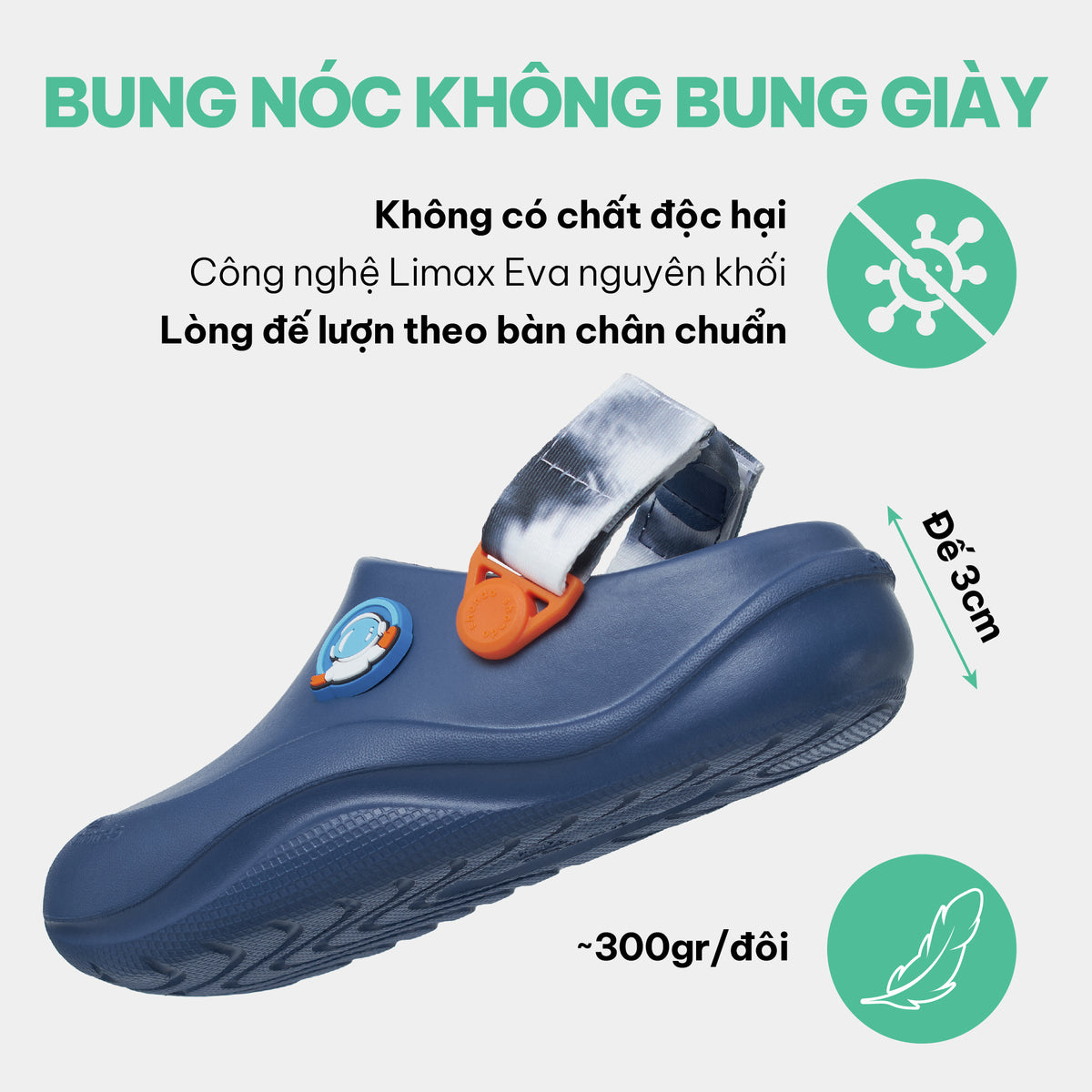 Clog Little Suke bé trai nhựa đúc xanh đậm