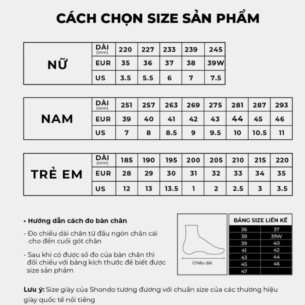 Chân 23cm đi giày size bao nhiêu