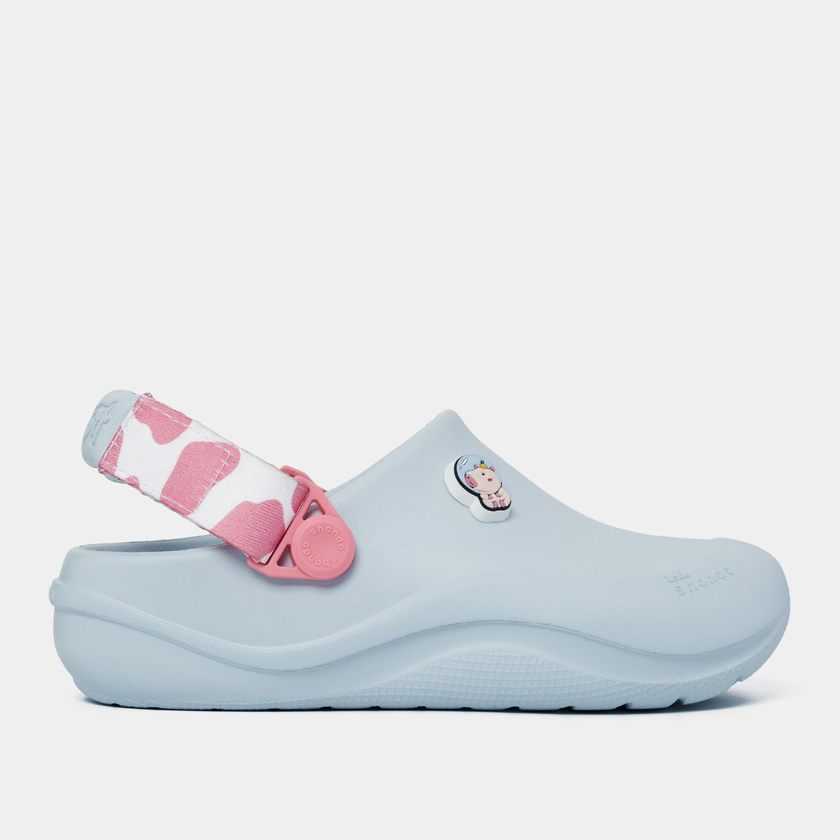 Clog Little Suke bé gái nhựa đúc xanh trời đai bò sữa hồng