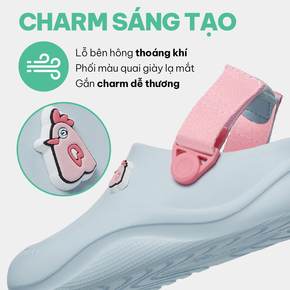 Clog Little Suke bé gái nhựa đúc xanh trời đai hồng dâu