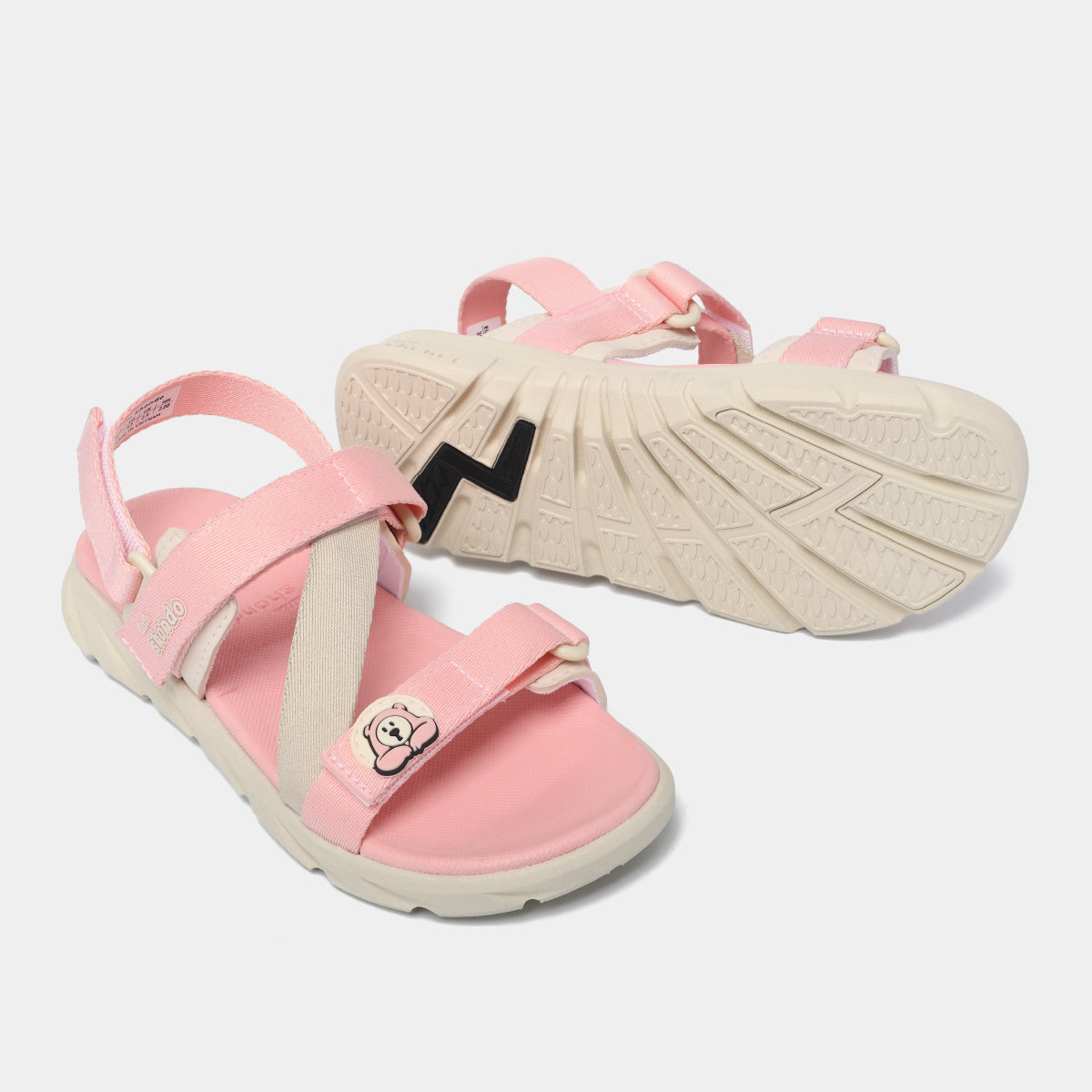 Sandal bé gái Little 6 tem gấu hồng kem