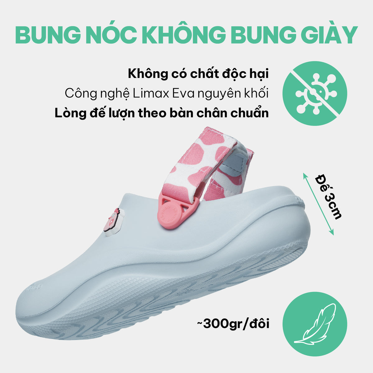 Clog Little Suke bé gái nhựa đúc xanh trời đai bò sữa hồng