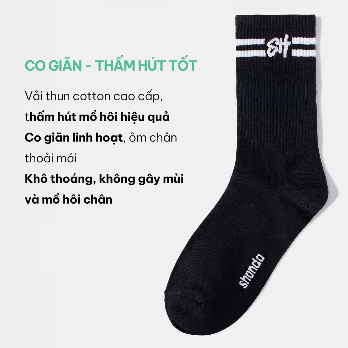 Vớ cổ cao 2 sọc logo SH màu đen